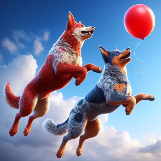 Prompt: two realistic cattle dogs one red and one blue, jumping up in the air trying to catch a red balloon that is floating above them, dynamic pose, air time, blue sky and clouds