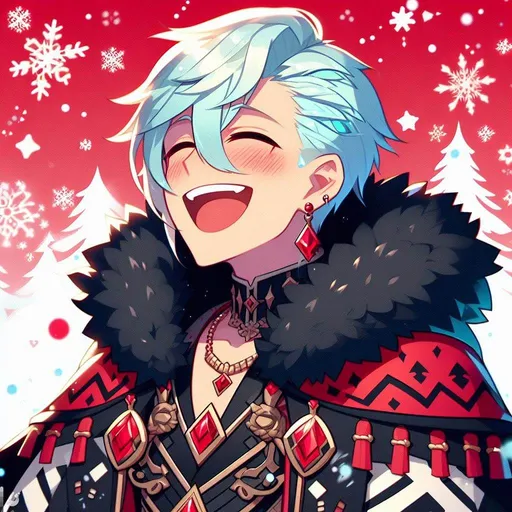 Prompt: genshin impact, anime, cartoon, adult male, cute ice blue hair, side shaved haircut (one side full buzzcut), oversized medieval black hoodie with red patterns and fur around the rim, red diamond earing, red diamond necklace, ice blue hair, blush, closed eyes and open mouth of joy, loud snow themed background, loud snowflakes