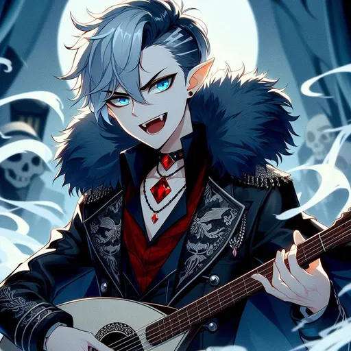 Prompt: cartoon, anime, undead, young male with ice blue side shaved haircut, Black leather jacket with black fur (thick winter coat) around the rim, fancy black and red dress shirt, red ruby diamond shaped necklace, bright blue devious eyes, red earing, devilish expression, vampire, surrounded by mist playing a lute aggressively