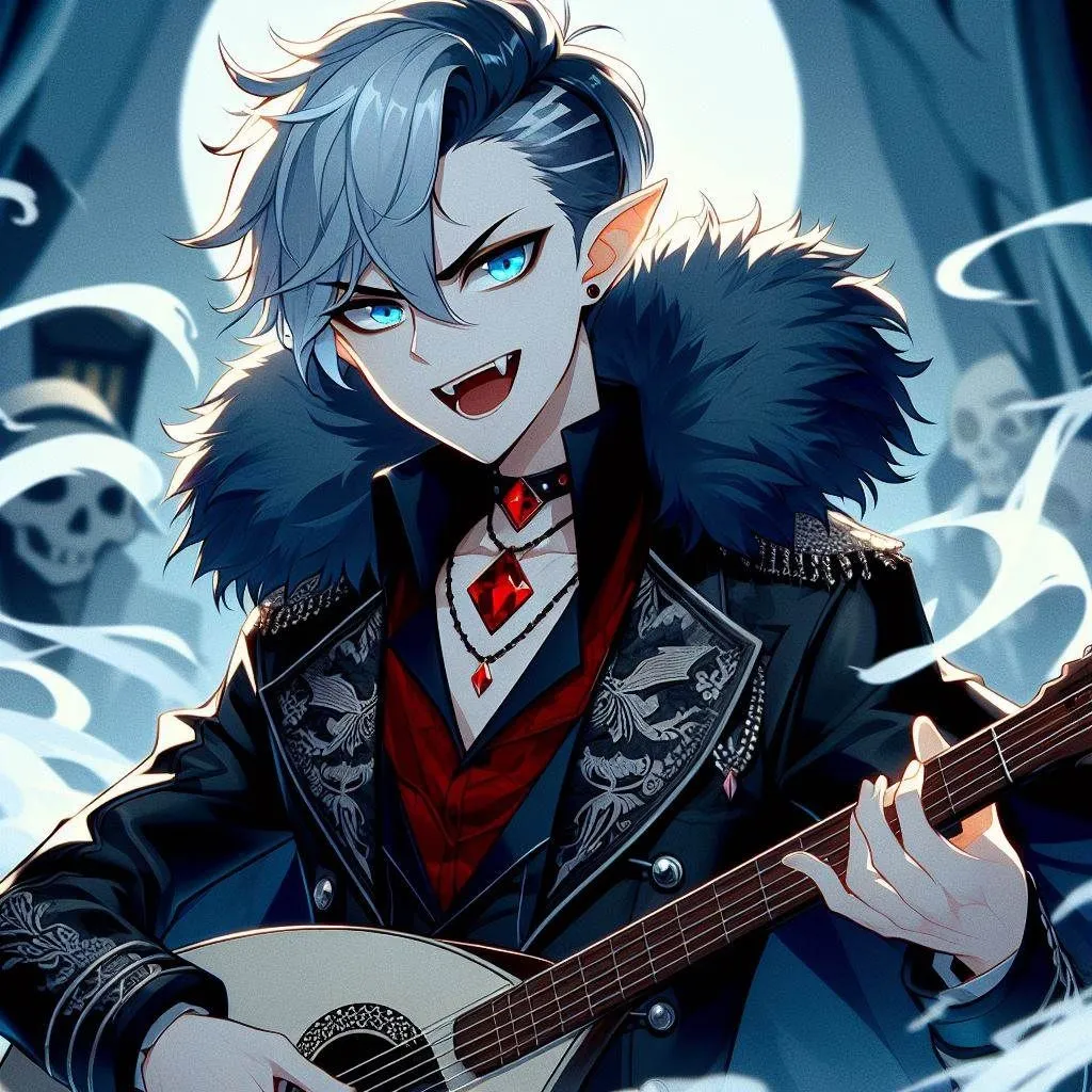 Prompt: cartoon, anime, undead, young male with ice blue side shaved haircut, Black leather jacket with black fur (thick winter coat) around the rim, fancy black and red dress shirt, red ruby diamond shaped necklace, bright blue devious eyes, red earing, devilish expression, vampire, surrounded by mist playing a lute aggressively