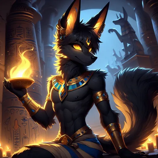 Prompt: anime, cartoon, furry, a slender black jackal, the god Anubis, golden eyeliner, bright golden eyes, anthropomorphic, detailed fuzzy fur, Egyptian Jewelry, blue and gold arm bracers, golden loin cloth, in a dark temple being lit up by a giant flaming caldron, long/tall gold pointed ears, long lean majestic pointed black (Borzoi) muzzle