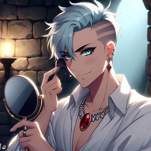 Prompt: anime, cartoon, adult male, attractive smirk, vain, thick black eyeliner, cute ice blue hair, ice blue eyes, side shaved haircut (one side full buzzcut), handsome form fitting puffy white shirt, red ruby earing, red ruby necklace, looking at a handheld powder mirror doing his make-up by the light of a dungeon torch on the wall.