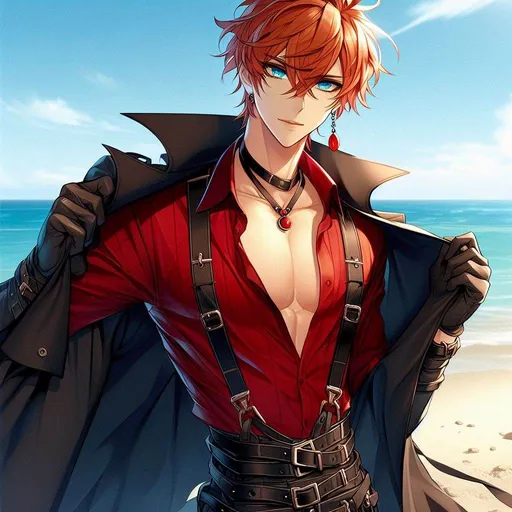 Prompt: anime, cartoon, Tartaglia, large ocean blue eyes, Short messy orange hair falling between his eyes, single red gem earing (right side), tall muscular skinny male, wearing a dark black trench coat open, tight leather pants and tight crimson red dress shirt, black leather harness, form fitting, One open top button on shirt, Knee high black buckled boots, handsome, alluring, tempting eyes, at beach background