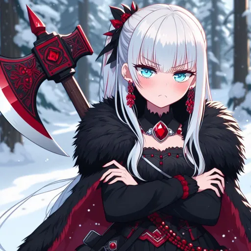 Prompt: anime, cartoon, adult female, big beautiful ice blue eyes, long white side shave (half head is buzzcut), arms crossed, pouty, gigantic red and black war ax on her back, long black coat with black fur rim and red embellishments, red ruby earrings, red ruby necklace, annoyed posture, head tilt, shoulder raise, sass, snowy forest background