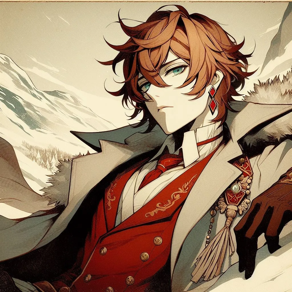 Prompt: Tartaglia from Genshin Impact, fullbody, Short messy ginger hair with Ahoge that falls between the eyes, dark blue eyes, red diamond earing on right side, grey and white military suit jacket and fancy red dress shirt with gold markings, aged japanese vintage woodblock print style, dynamic pose, dynamic snowy mountianside, thick white border