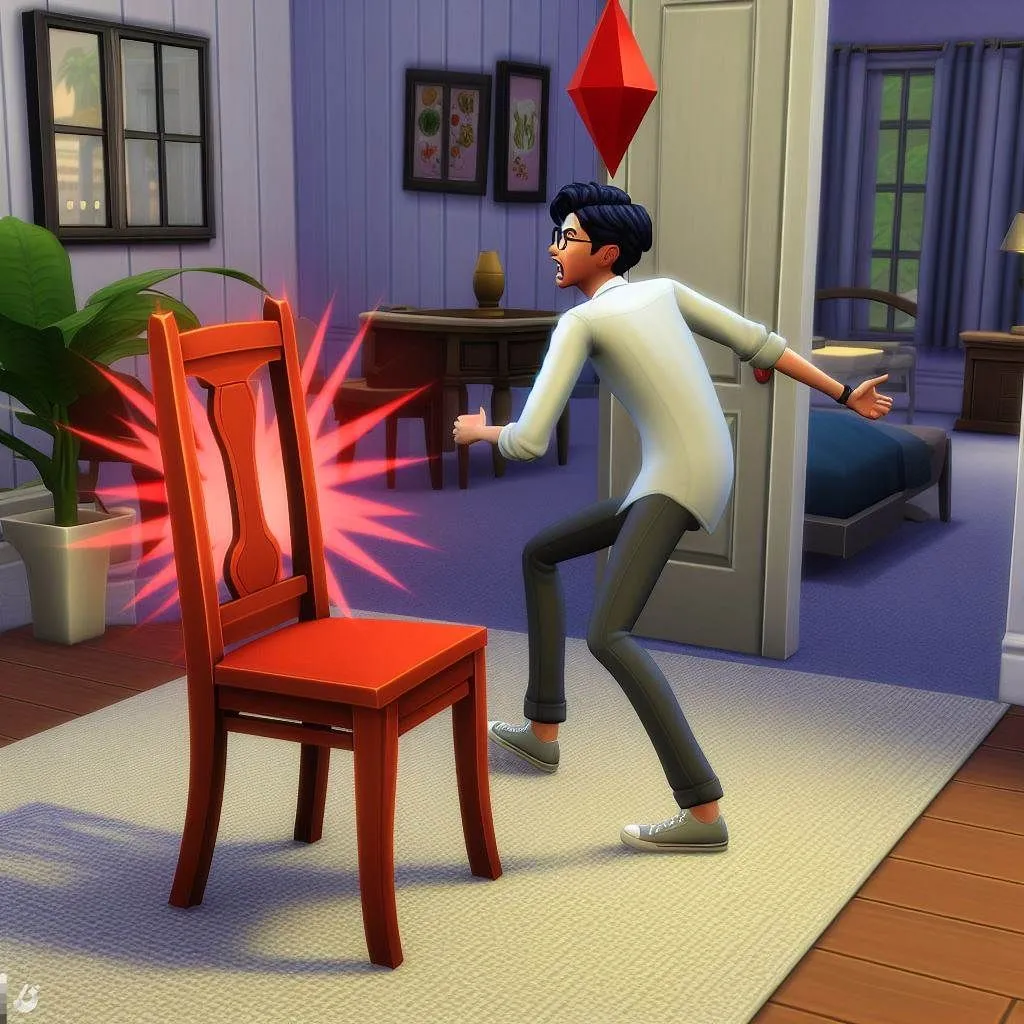 Prompt: create: create: a sim standing up walking with towards a chair blocking it's path, he has a red moodlet because his path is blocked