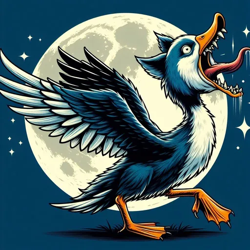 Prompt: A duck head with wolf teeth and ears, and a wolf body with webbed feet, large wings, and a wolf tail, howling and quacking at the moon in rage, with the proper amount of teeth in its mouth