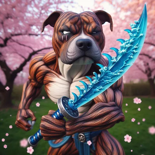 Prompt: A brindle pitbull in a japanese anime style brandishing a blue water sword shaped like a whaling harpoon, ready for battle, anthropromorphic, scar over left eye, closed left eye, dynamic pose, background cherry blossom trees in bloom