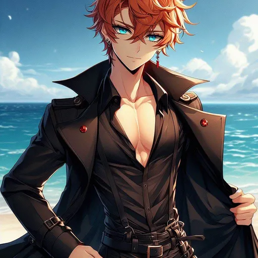 Prompt: anime, cartoon, Tartaglia, large ocean blue eyes, Short messy orange hair falling between his eyes, single red gem earing (right side), tall muscular skinny male, wearing a dark black trench coat open, tight leather pants and tight black dress shirt, form fitting, One open top button on shirt, Knee high black buckled boots, handsome, alluring, tempting eyes, at beach background