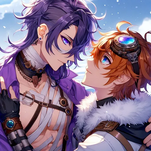 Prompt: man in a purple open shirt with bandages covering around his midriff with a short trendy side shaved haircut and long hair flowing over one eye his eyes are bright blue and his hair is purple with steampunk goggles, holding Tartaglia from Genshin Impact tenderly leaning forward to kiss him looking into each other eyes, Tartaglia has short messy orange hair and an ahoge and ocean blue eyes dressed in a white and grey uniform with white fur around the top, snowy backround