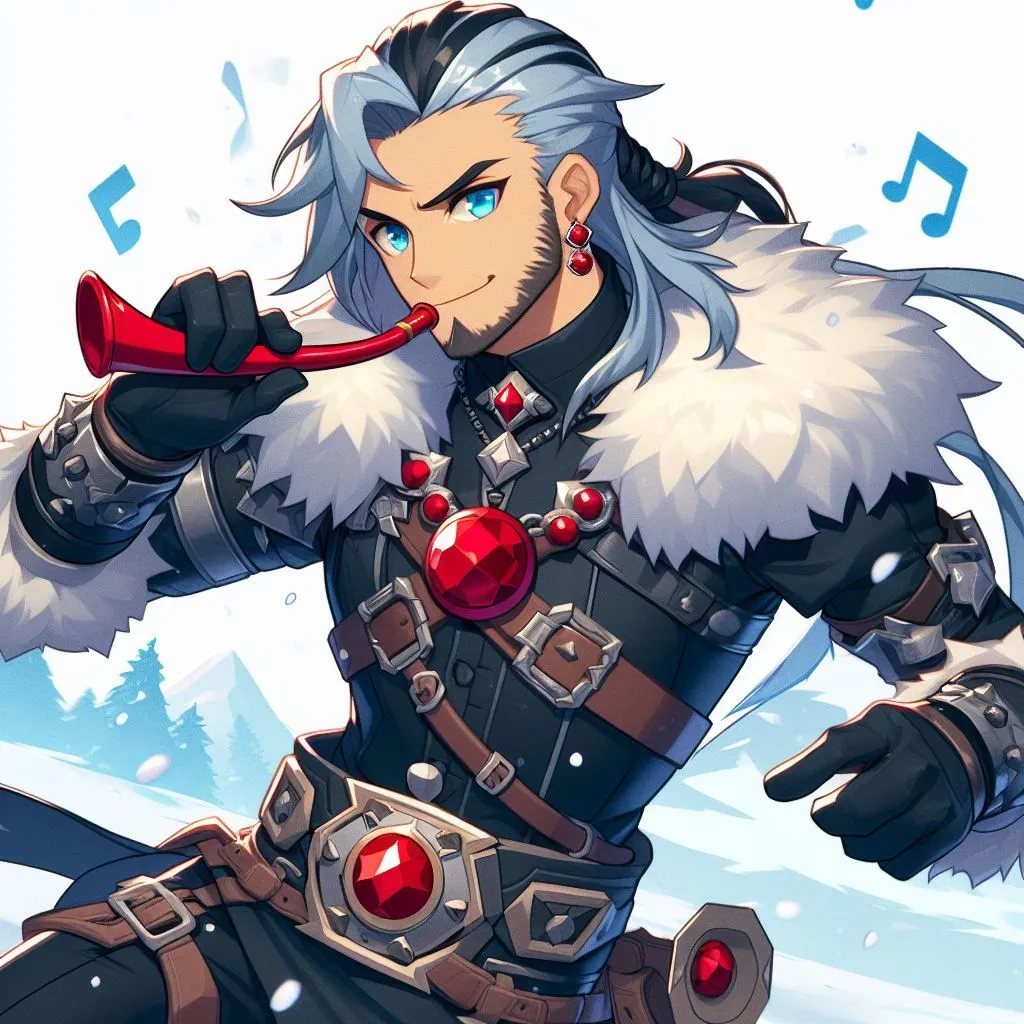 Prompt: genshin impact, anime, cartoon, Russian looking man with side cut shave in light blue, bright blue eyes, black armor with fur trim around the neck, thick black buckled boots, red jewel earing, red pendant, playing the kazoo while dancing around in the snow