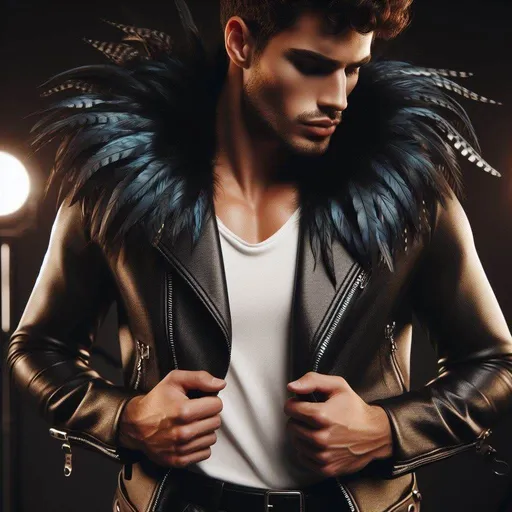 Prompt: handsome young tan skinned spanish man with short black curly hair, wearing a roackstar black leather jacket the neck frill is long pointy dark blue quail feathers, form fitting white t-shirt, black leather pants, dancing drawing attention to his stylish clothing, center of attention, all lights on him, long lashes, thick smokey black eyeshadow,