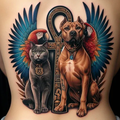 Prompt: tattoo of an ankh in the middle with a grey cat and a brown pitbull sitting to either side, both with a paw raised in the style of an Egyptian relief painting on a tomb wall, with blue and red macaw feathers, in the style of a real Egyptian tomb wall