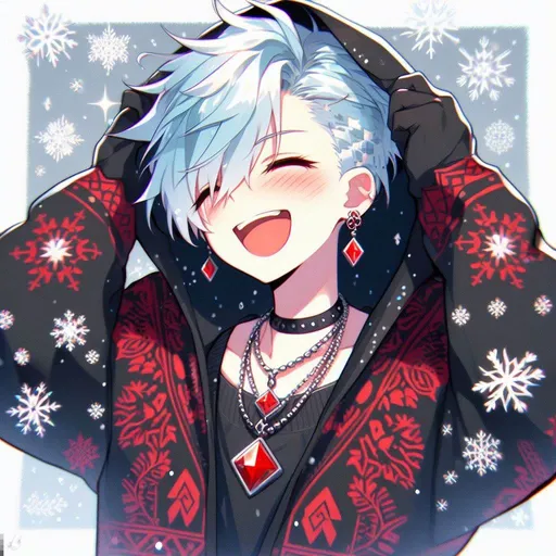 Prompt: anime, cartoon, young male, cute ice blue hair, side shave haircut, oversized black hoodie with red patterns, red diamond earing, red diamond necklace, ice blue hair, blush, closed eyes and open mouth of joy, loud snow themed background, loud snowflakes