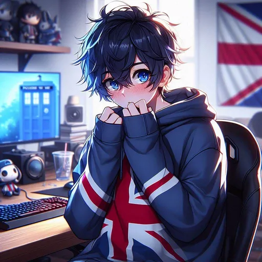 Prompt: genshin impact, anime, a thin cute boy, looking to one side as he blushes and rubs his elbows, dark blue eyes, Hes got dark blue messy hair and an oversized hoodie that is too large for him (english flag), nerdy doctor who gamer room background,