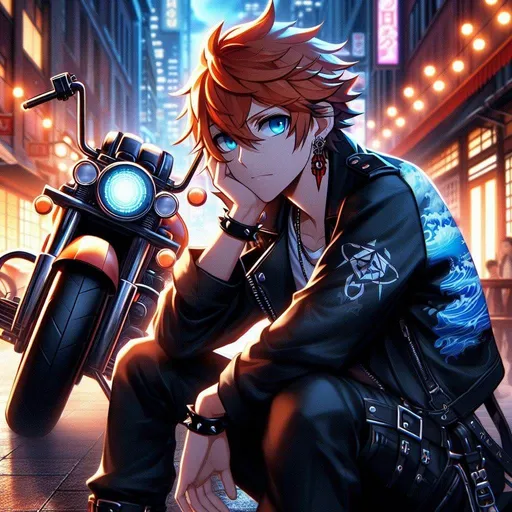 Prompt: genshin impact, anime, cartoon, Tartaglia, messy ginger orange hair, ahoge, ocean blue eyes, single red earing on right ear, leaning on a custom chopper, black leather jacket with a water design, big black buckled leather boots, lit up in an alleyway of a bustling city by bright neon lights,,