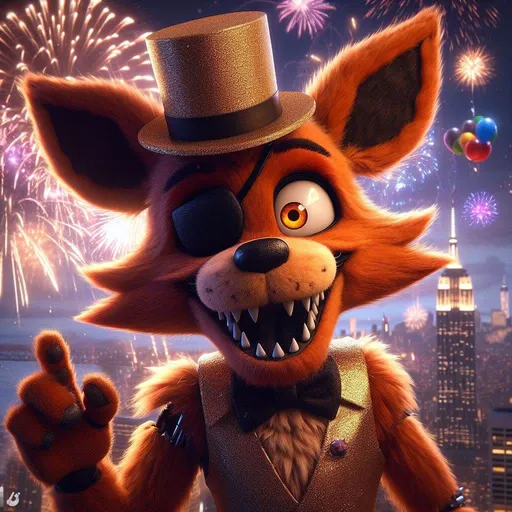 Prompt: Foxy from Five nights at freddys, sharp teeth, black patch over left eye, orange eyes, fluffy and cute, celebrating new years 2024, fireworks, manhatten, ball drop, gold glittery top hat and vest, so fluffy, fursuit, robotic joints, muppet, cute, big anime eyes, kawai