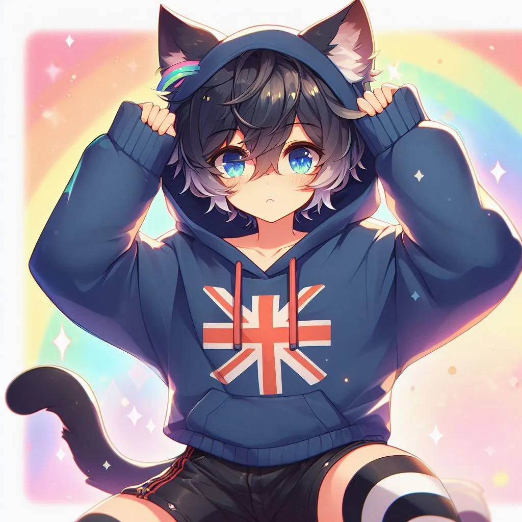 genshin impact, anime, a cute thin catboy holding hi...