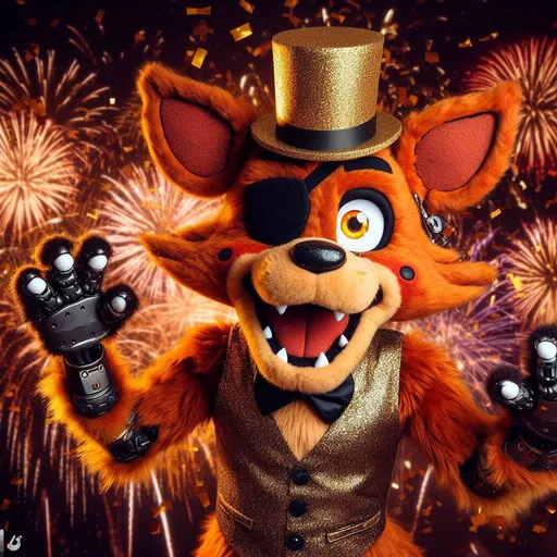 Prompt: create: Foxy from Five nights at freddys, sharp teeth, black patch over left eye, orange eyes, fluffy and cute, celebrating new years 2024, fireworks, manhatten, ball drop, gold glittery top hat and vest, so fluffy, fursuit, robotic joints, muppet, cute, big anime eyes, kawai