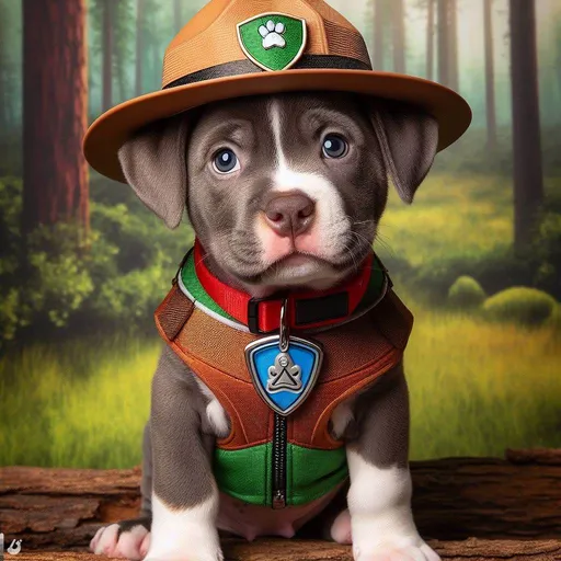 Prompt: a pitbull puppy in the style of of Paw Patrol, with a forest ranger hat and vest and a forest behind him