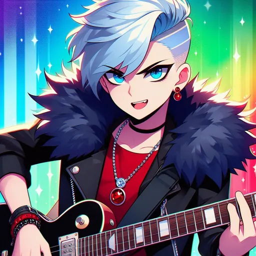 Prompt: cartoon, anime, young male with ice blue side shaved haircut, Black leather jacket with black fur around the rim, red ruby necklace, bright blue devious eyes, red earing, red and black shirt, playing Gibson Guitar, vibrant background