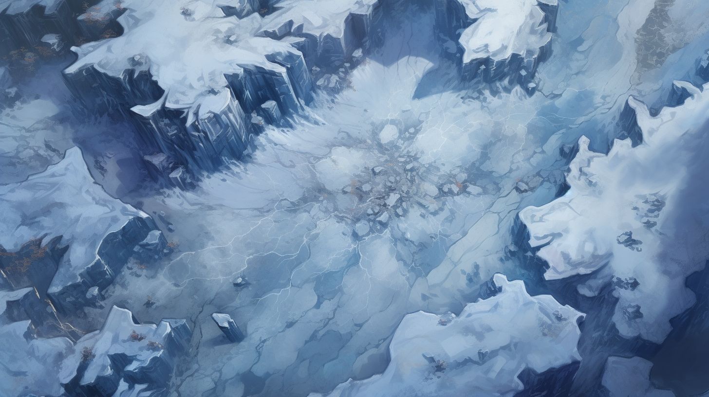 Prompt: view from the top down, map, snowy mountain cliffs, complex ice path, hidden cave --ar 16:9 --v 5.2