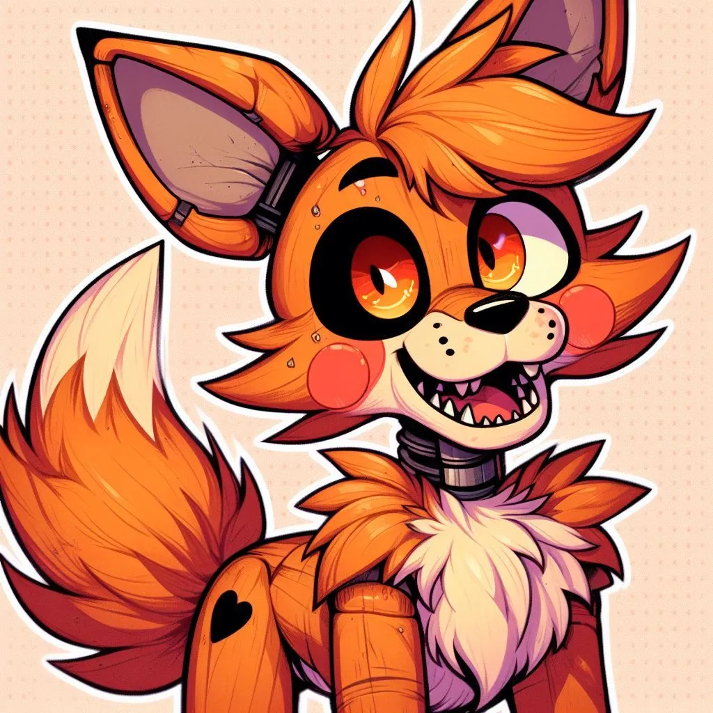 Prompt: Foxy from Five Nights at Freddys drawn in the style of Gen 4 My Little Pony, Adorable, Cute, sharp teeth, orange eyes, black patch over left eye, very fluffy,