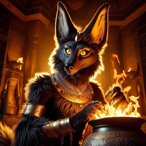 Prompt: furry, a slender black jackal, the god Anubis, golden eyeliner, bright golden eyes, anthropomorphic, detailed fuzzy fur, Egyptian Jewelery, blue and gold arm bracers, golden loin cloth, in a dark temple being lit up by a giant flaming caldron, long/tall pointed ears, long majestic pointed (Borzoi) muzzle