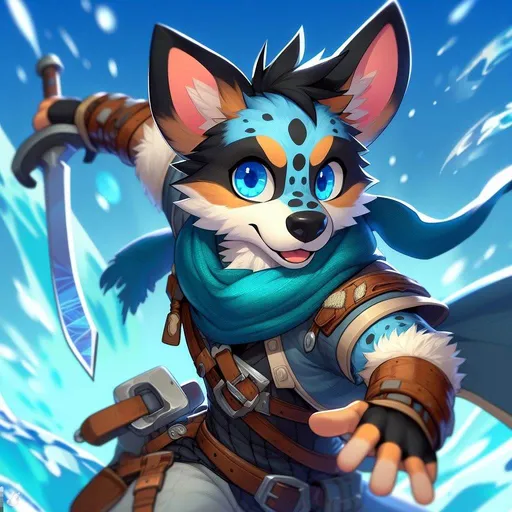Prompt: Bluey the furry, an anthropomorphic dog, with ears with a little flop at the tips and more brown and black spots like a blue heeler/australian cattle dog, dressed as Tartaglia from Genshin Impact with a scarf and a longer water blade, in a dynamic action pose, with bright blue eyes and the correct number of fingers and toes on each hand and foot