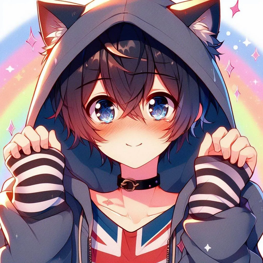 Prompt: genshin impact, anime, a cute thin catboy holding his hands up to the sides of his head (like caramelldansen) he has a large oversized british hoodie on, short messy dark blue hair with an ahoge, striped leg socks, cat boy, adorable, blush, rainbow glam background