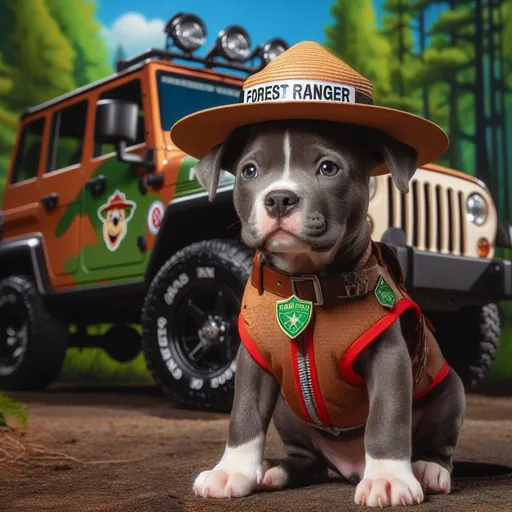 Prompt: a pitbull puppy in the style of of Paw Patrol, with a forest ranger hat and vest and a park ranger jeep behind him, with 'Forest Ranger' written on the side of the truck in a larger and clearer font