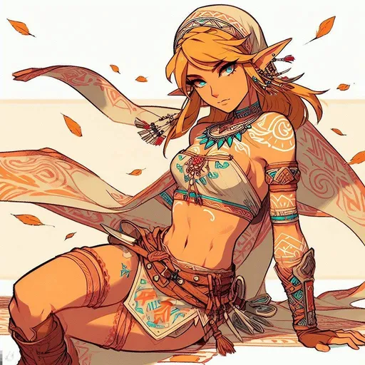 Prompt:  link from breath of the wild, in very feminine style, with very tribal clothing, showing off his figure