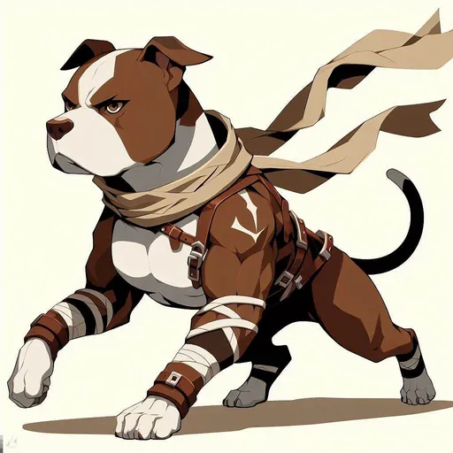Prompt: A brown pitbull with a white blaze on his chest, without a white line up his face, and a darker brown brindle, dressed as Tartaglia from Genshin Impact with a scarf and a more transparent water blade, in a flat simple image with really thick outer line and the inner lines and style of 1, in a dynamic action pose, with the correct number of fingers and toes on each hand and foot