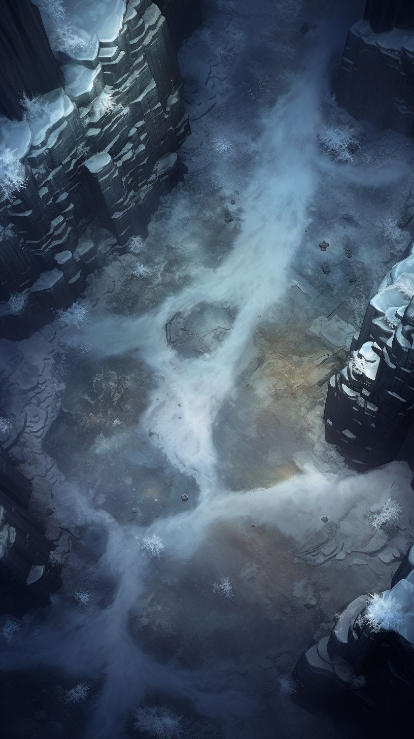 Prompt: a top down view of a cave covered in ruins, dimly lit, ice covered walls and floor, very cold, map --v 5.2 --ar 9:16