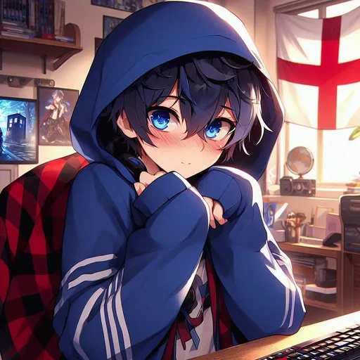Prompt: genshin impact, anime, a thin cute boy, looking to one side as he blushes and rubs his elbows, dark blue eyes, Hes got dark blue messy hair and an oversized hoodie that is too large for him (english flag), nerdy doctor who gamer room background,