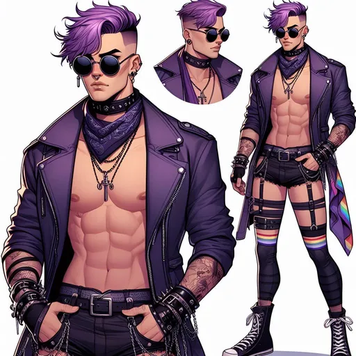 Prompt: create: full body, a purple haired man with an undercut and a feminie body, he has sharp and sassy blue eyes, with black sunglasses, flat chest with bandages around his entire upper torso. His jacket is open showing off the bandages. Warrior with scars. Handsomely flirty. Leather Jacket and short boyshorts adorned with silver chains. He has a rainbow bandana tied around his neck. Arms are covered in black jewelery. long converse style kneeboots, steampunk goggles ontop of head