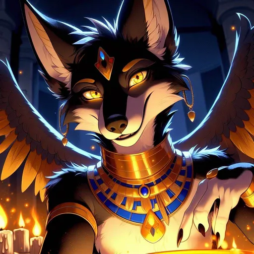 Prompt: anime, cartoon, furry, youthful, flirty, a slender black jackal, the god Anubis, golden eyeliner, bright golden eyes, anthropomorphic, detailed fuzzy fur, Egyptian Jewelry, blue and gold arm bracers, golden loin cloth, in a dark temple being lit up by a giant flaming caldron, long/tall gold pointed ears, long lean majestic pointed black (Borzoi) muzzle