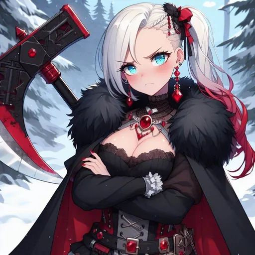 Prompt: anime, cartoon, adult female, big beautiful ice blue eyes, long white side shave (half head is buzzcut), arms crossed, pouty, gigantic red and black war ax on her back, long black coat with black fur rim and red embellishments, red ruby earrings, red ruby necklace, annoyed posture, head tilt, shoulder raise, sass, snowy forest background, form fitting clothing