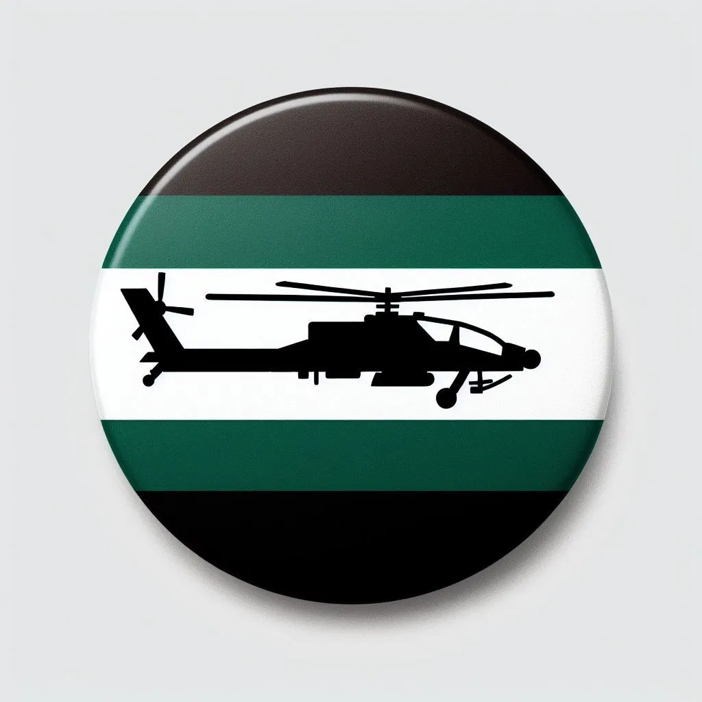 Prompt: a dark striped pride flag in greens and whites, black silhouette of an apache attack helicopter, styled like a pin, simple colors and patterns