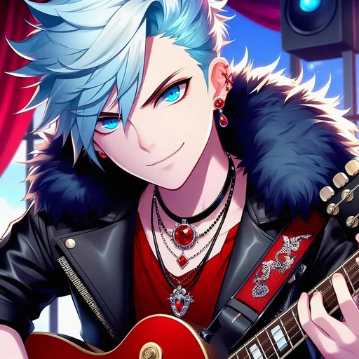 Prompt: cartoon, anime, young male with ice blue side shaved haircut, Black leather jacket with black fur around the rim, red ruby necklace, bright blue devious eyes, red earing, red and black shirt, playing Gibson Guitar, vibrant background