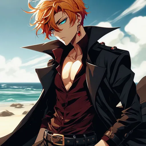 Prompt: anime, cartoon, Tartaglia, large ocean blue eyes, Short messy orange hair falling between his eyes, single red gem earing (right side), tall muscular skinny male, wearing a dark black trench coat open, tight leather pants and tight crimson red dress shirt, black leather harness, form fitting, One open top button on shirt, Knee high black buckled boots, handsome, alluring, tempting eyes, at beach background