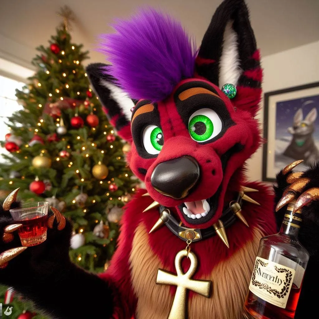 Prompt: create: a very tipsy antropromorphic jackel, with a purple moehawk, deep red firetruck red fur, brown tummy and bright green eyes, with an ankh earing, very happy, surrounded by christmas trees, fursuit, golden eye shadow and eyeliner egyptian makeup, red muzzle and mouth, white claws, black spiked collar, gold pawpads, holding booze