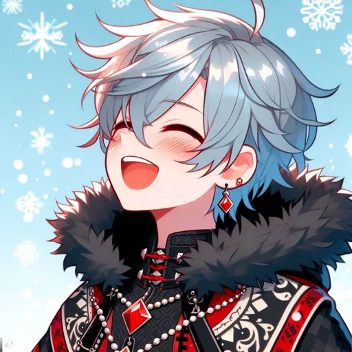 Prompt: anime, cartoon, young adult male, cute ice blue hair, side shave haircut, oversized medieval black hoodie with red patterns and fur around the rim, red diamond earing, red diamond necklace, ice blue hair, blush, closed eyes and open mouth of joy, loud snow themed background, loud snowflakes