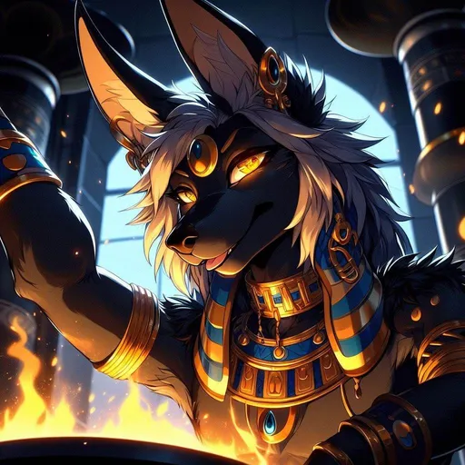 Prompt: anime, cartoon, furry, a slender black jackal, the god Anubis, golden eyeliner, bright golden eyes, anthropomorphic, detailed fuzzy fur, Egyptian Jewelry, blue and gold arm bracers, golden loin cloth, in a dark temple being lit up by a giant flaming caldron, long/tall gold pointed ears, long lean majestic pointed black (Borzoi) muzzle