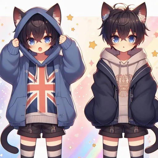 Prompt: genshin impact, anime, a cute thin catboy holding his hands up to the sides of his head (like caramelldansen) he has a large oversized british hoodie on, short messy dark blue hair with an ahoge, striped leg socks, cat boy, adorable, blush, rainbow glam background