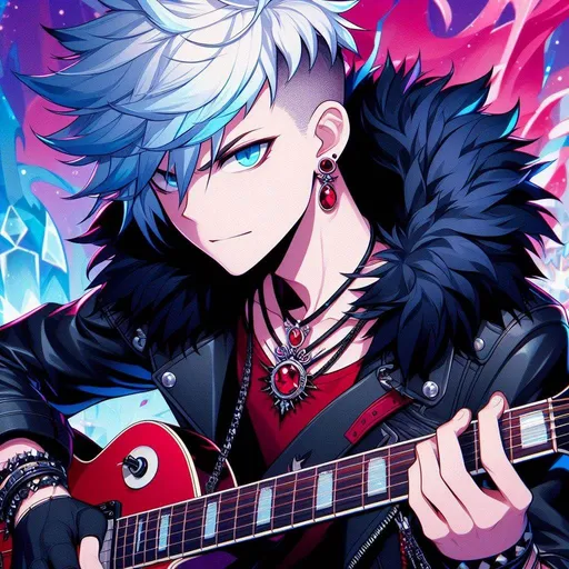 Prompt: cartoon, anime, young male with ice blue side shaved haircut, Black leather jacket with black fur around the rim, red ruby necklace, bright blue devious eyes, red earing, red and black shirt, playing Gibson Guitar, vibrant background