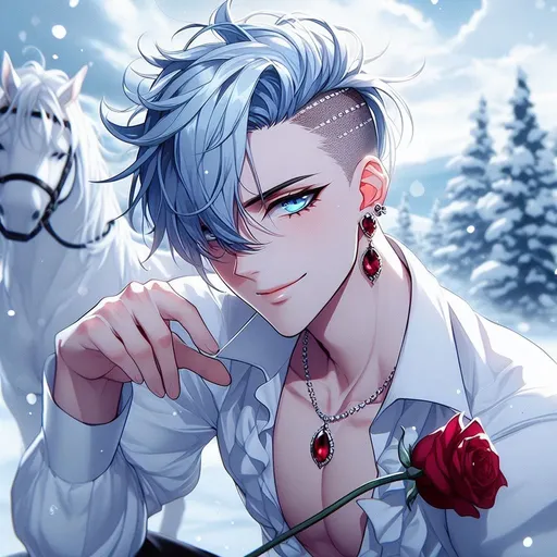 Prompt: anime, cartoon, adult male, attractive smirk, vain, thick black eyeliner, cute ice blue hair, ice blue eyes, side shaved haircut (one side full buzzcut), handsome form fitting puffy white shirt, red ruby earing, red ruby necklace, holding a rose up to you leaning towards you from his white horse, backround is snowy and beautiful