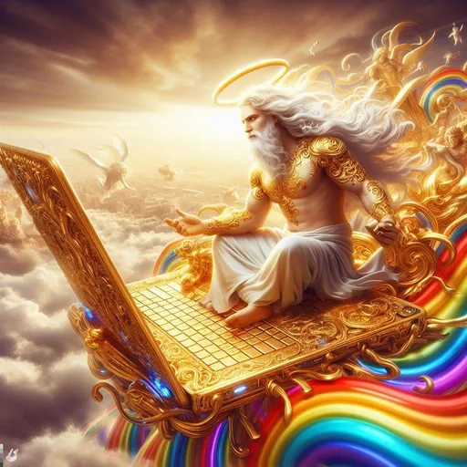 Prompt: a golden godlike man with white flowing hair looking over his kingdom from ontop of his very rainbow colored very high tech PC laptop like a Laptop Lord