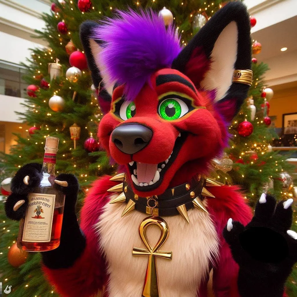 Prompt: a very tipsy antropromorphic jackel, with a purple moehawk, deep red firetruck red fur, brown tummy and bright green eyes, with an ankh earing, very happy, surrounded by christmas trees, fursuit, golden eye shadow and eyeliner egyptian makeup, red muzzle and mouth, white claws, black spiked collar, gold pawpads, holding booze