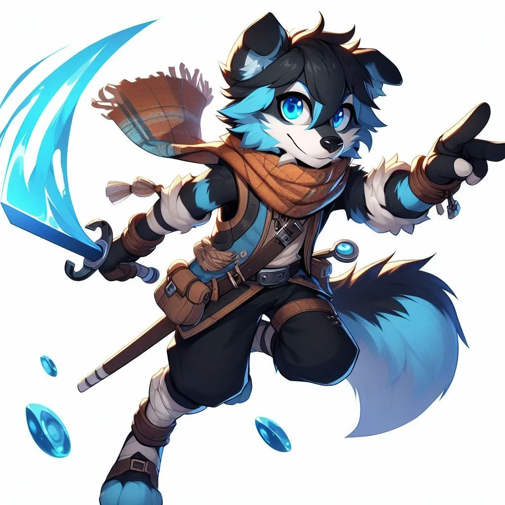 Prompt: Bluey the furry, an anthropomorphic dog, with more large black and brown patches on his coat, dressed as Tartaglia from Genshin Impact with a scarf and a longer water blade, in a dynamic action pose, with bright blue eyes and three fingers on each hand